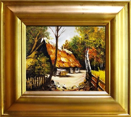 Obraz - Dworki, mlyny, chaty, - olejny, ręcznie malowany 43x48cm